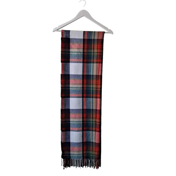 J. Crew Red Green & Beige Plaid Rectangular Scarf with Fringes - Size 25" x 77" - Picture 2 of 16